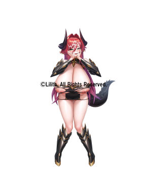 1girl aftersex anna_marie_lindwurm arm_armor black_dress breasts cleavage_cutout clothing_cutout commentary_request copyright_notice cum cum_on_hair cumdrip detached_sleeves dragon_girl dragon_tail dress gigantic_breasts green_eyes hair_intakes head_rest highres hip_vent horns jamboyama leg_armor mole mole_under_eye nipples official_art red_hair second-party_source solo tail taimanin_(series) taimanin_rpgx white_background wide_hips