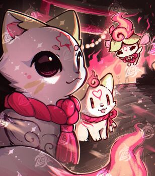 animal black_eyes character_request commentary english_commentary facial_mark fire flame-tipped_tail forehead_mark heart highres indie_virtual_youtuber star_(symbol) tail tassel tongue tongue_out torii virtual_youtuber watermark yoclesh