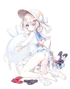 1girl ass barefoot blonde_hair blush brown_eyes choker commentary drill_hair frilled_thigh_strap frills hair_ornament highres innertube long_hair looking_at_viewer original ribbon ribbon_choker sandals shell shell_hair_ornament socks solo star_(symbol) star_hair_ornament starfish_hair_ornament stuffed_toy swim_ring swimsuit thigh_strap white_ribbon white_socks