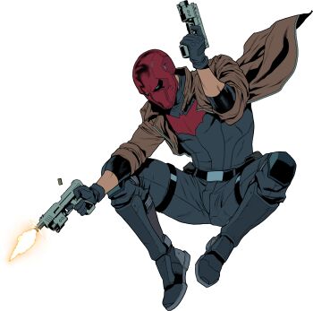 1boy absurdres bat_signal batman batman_(series) batman_symbol black_bodysuit black_gloves bodysuit brown_jacket dc_comics dual_wielding gloves grey_bodysuit gun highres holding jacket jason_todd lucas_meyer male_focus mask multicolored_bodysuit muscular muscular_male open_clothes pants red_hood_(dc) red_hood_and_the_outlaws red_mask shirt superhero_costume taut_bodysuit two-tone_bodysuit weapon western_comics_(style)