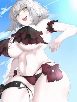 1girl bare_shoulders bikini black_bikini blue_sky bow breasts cleavage commentary_request fate/grand_order fate_(series) grey_hair highres jeanne_d'arc_alter_(fate) large_breasts looking_at_viewer navel open_mouth ri_o_ne_su short_hair sky smile solo swimsuit thigh_strap thighs yellow_eyes