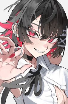 Rule 34 | 1girl, bare shoulders, black choker, black hair, black ribbon, blush, breasts, chainsaw man, choker, collarbone, commentary request, cosplay, earclip, ellen joe, grenade pin, grey background, highres, large breasts, looking at viewer, mole, mole under eye, neck ribbon, portrait, red eyes, red nails, reze (chainsaw man), reze (chainsaw man) (cosplay), ribbon, shirt, short hair, simple background, sleeveless, sleeveless shirt, solo, walk43049101art, white shirt, zenless zone zero