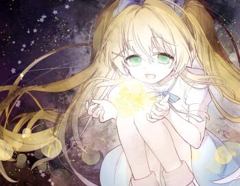 Rule 34 | 1girl, :d, blonde hair, blue bow, blue bowtie, blue skirt, bow, bowtie, chogi, commentary request, energy ball, feet out of frame, floating hair, green eyes, grey background, hair between eyes, hair bow, hair intakes, hair ornament, hands up, lens flare, light particles, long hair, official alternate costume, open mouth, puffy short sleeves, puffy sleeves, shirt, short sleeves, sidelocks, simple background, skirt, smile, solo, squatting, star (symbol), summer pockets, tsumugi wenders, twintails, underlighting, very long hair, white shirt, x hair ornament