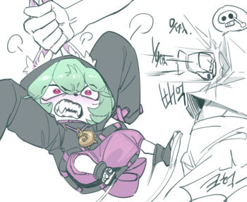 Rule 34 | 1boy, 1girl, angry, animal ear fluff, animal ears, baggy pants, black hoodie, black nails, commentary, crying, ears through hood, fangs, grabbing another's ear, green hair, hand on another's ear, hood, hood up, hoodie, jewelry, korean commentary, korean text, league of legends, medium hair, nikukan, pants, partially colored, pendant, pink eyes, purple pants, sandals, sharp teeth, simple background, size difference, sketch, sleeves past fingers, sleeves past wrists, speech bubble, spoken skull, stomach kick, teeth, translation request, vex (league of legends), white background, yordle