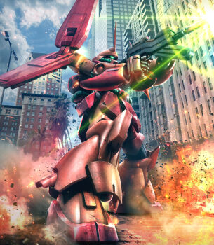 aiming artist_request battle beam_rifle building cable cityscape cloud cloudy_sky damaged debris destruction energy energy_beam energy_gun explosion firing gundam highres lens_flare machinery marasai mecha mecha_focus mobile_suit muzzle_flash one-eyed radio_antenna realistic robot science_fiction sky titans_(gundam) weapon zeta_gundam