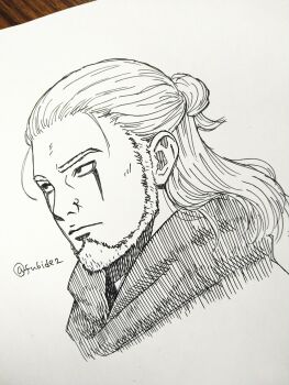 Rule 34 | 1boy, beard, boruto: naruto next generations, commentary, expressionless, facial hair, facial mark, hair bun, hatching (texture), highres, kashin koji (boruto), male focus, matsu (fu6ide2), naruto (series), photo (medium), portrait, profile, single hair bun, sketch, solo, traditional media, twitter username