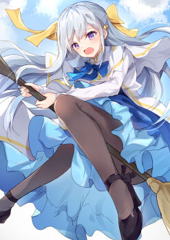 1girl absurdres black_pantyhose blue_skirt broom euphyllia_magenta flying hair_ribbon highres holding holding_broom kyou_shuka open_mouth pantyhose purple_eyes ribbon skirt tensei_oujo_to_tensai_reijou_no_mahou_kakumei white_hair