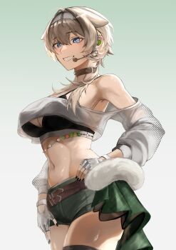 1girl absurdres black_nails black_sports_bra blonde_hair blue_eyes breasts commentary cowboy_shot cropped_shirt fingerless_gloves gloves goddess_of_victory:_nikke green_shorts grin hair_ears headband headset highres idol kkaijju large_breasts mole mole_under_eye navel prika_(nikke) shirt shorts smile solo sports_bra standing thighs white_headband white_shirt