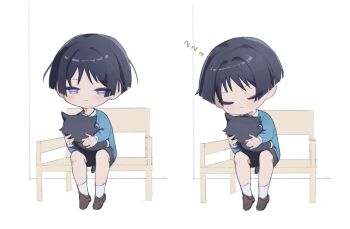 1boy alternate_costume animal animalization black_hair black_shorts blue_shirt blue_sleeves blunt_ends brown_shoes casual cat chair closed_mouth collar commentary contemporary english_commentary eyeshadow facing_down genshin_impact highres holding holding_animal holding_cat leaning_to_the_side light_blush lilixaxafj long_sleeves looking_at_viewer makeup male_focus person_and_animalization purple_eyes red_eyeshadow scaramouche_(cat)_(genshin_impact) scaramouche_(genshin_impact) sequential shirt shoes shorts sitting sleeping sleepy socks white_background white_collar white_socks wispy_bangs zzz
