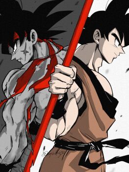 Rule 34 | 2boys, adam's apple, bardock, bare pectorals, closed mouth, commentary request, dougi, dragon ball, dragonball z, headband, highres, holding, holding polearm, holding weapon, ireba sui, male focus, multiple boys, muscular, muscular male, pectorals, polearm, scar, scar on face, son goku, spiked hair, split theme, topless male, v-shaped eyebrows, weapon
