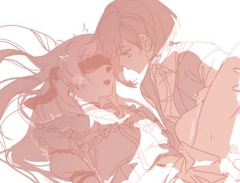 2girls after_kiss bang_dream! bang_dream!_it's_mygo!!!!! blush chihaya_anon commentary_request jacket lolitesapphire long_hair monochrome multiple_girls open_mouth pointy_ears remote_control_vibrator saliva saliva_trail sex_toy shirt short_hair simple_background takamatsu_tomori vibrator white_background white_shirt yuri