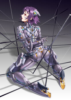 1girl ballet_boots bdsm bodysuit bound bound_arms bzs_(kage_no_shinobu) commentary_request exoskeleton female_focus full_body grey_background headgear highres impossible_bodysuit impossible_clothes looking_at_viewer looking_back mecha_musume mechabare mechanical_spine open_mouth original purple_hair rebar red_eyes restrained shiny_clothes short_hair skin_tight skindentation solo string teeth upper_teeth_only