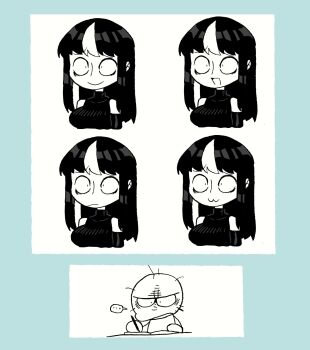 ... 1boy 1girl :/ :3 :d artist_self-insert blue_background closed_mouth concept_art drawing highres long_hair multicolored_hair noss_(rariatto) open_mouth original rariatto_(ganguri) sanpaku smile spoken_ellipsis streaked_hair sweater