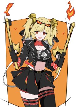 1girl azuki_pii black_jacket black_skirt black_tube_top blonde_hair border breasts burnice_white cleavage commentary_request cowboy_shot eyewear_on_head fire flamethrower gas_cylinder highres jacket large_breasts midriff navel open_mouth orange_background red-tinted_eyewear red_eyes short_twintails skirt solo spiked_belt spiked_jacket strapless sunglasses tinted_eyewear tube_top twintails weapon white_border zenless_zone_zero