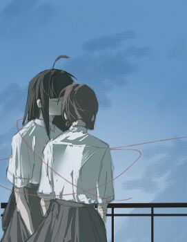 2girls awa_subaru black_hair black_skirt blue_sky closed_eyes collared_shirt commentary day girls_band_cry hashtag-only_commentary highres iseri_nina kiss long_hair multiple_girls mywishislily outdoors railing red_hair school_uniform shirt short_twintails skirt sky string string_of_fate twintails white_shirt yuri