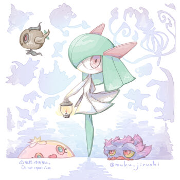 Rule 34 | 1girl, artist name, black sclera, blue eyes, blush, chandelure, colored sclera, colored skin, dreepy, drifloon, duskull, female focus, fire, flat chest, floating, from side, full body, gen 1 pokemon, gen 2 pokemon, gen 3 pokemon, gen 4 pokemon, gen 5 pokemon, gen 6 pokemon, gen 7 pokemon, gen 8 pokemon, green hair, green skin, hair over one eye, haunter, highres, holding, holding lantern, jellicent, jellicent (female), kirlia, lantern, looking at another, looking back, looking up, medium hair, mimikyu, misdreavus, muku jirushi, multicolored skin, nintendo, no mouth, one eye covered, open mouth, phantump, pokemon, pokemon (creature), profile, pumpkaboo, red eyes, red sclera, rotom, rotom (normal), shuppet, sidelocks, signature, silhouette, sinistea, solo focus, standing, twitter username, two-tone skin, white skin, yellow sclera