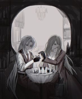 Rule 34 | 1boy, 1girl, :|, absurdres, black gloves, bottle, breasts, champagne flute, cigar, cleavage, closed mouth, coat, collared shirt, cup, drinking glass, expressionless, gloves, grey hair, hair over one eye, half-closed eyes, highres, holding, holding cigar, holding lighter, indoors, jitome, lighter, lighting cigar, limbus company, long hair, long sleeves, lucio (project moon), millaligusticum, muted color, necktie, open clothes, open coat, pants, ponytail, project moon, round table, shirt, sitting, sleeves rolled up, table, valencina (project moon), very long hair, vest, white shirt