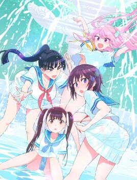 4girls :d ;d arm_support arms_at_sides bent_over black_hair blue_eyes blue_neckerchief blue_sailor_collar breasts brown_eyes brown_hair cleavage commentary_request ebino_mei eve_(hatsukoi_zombie) floating_hair fountain hatsukoi_zombie high_ponytail highres ibusuki_ririto jumping large_breasts long_hair looking_at_viewer minenami_ryou multiple_girls neckerchief nigatsuden_suzuko official_art one_eye_closed one_side_up open_mouth outstretched_arms outstretched_hand pink_eyes pink_hair pleated_skirt ponytail purple_eyes purple_hair red_neckerchief sailor_collar school_uniform serafuku shirt short_hair sitting skirt small_breasts smile teeth twintails upper_teeth_only wet white_serafuku white_shirt white_skirt yellow_neckerchief