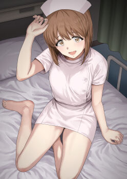 1girl barefoot bed brown_eyes brown_hair commentary_request dress hagiwara_yukiho hat highres hospital_bed idolmaster idolmaster_(classic) looking_at_viewer medium_hair nurse nurse_cap on_bed open_mouth sitting solo tsurui white_dress