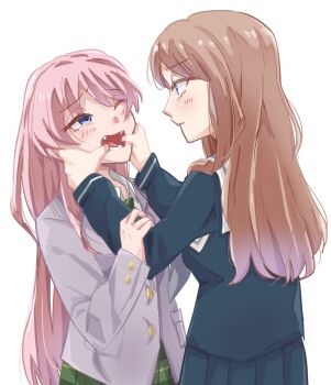 2girls bang_dream! bang_dream!_it's_mygo!!!!! blue_eyes blue_shirt blue_skirt blush brown_hair chihaya_anon closed_mouth commentary_request finger_in_another's_mouth green_skirt grey_jacket haneoka_school_uniform highres jacket karakuzu_mygo long_hair multiple_girls nagasaki_soyo one_eye_closed pink_hair school_uniform shirt simple_background skirt tsukinomori_school_uniform white_background