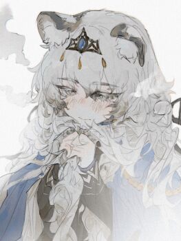 Rule 34 | 1girl, animal ear fluff, arknights, braid, breath, chinese commentary, closed mouth, commentary request, grey eyes, grey hair, hands up, highres, holding, holding own hair, jingzhe933, long hair, long sleeves, pramanix (arknights), pramanix the prerita (arknights), simple background, snow leopard ears, snow leopard girl, solo, tiara, twin braids, upper body, white background