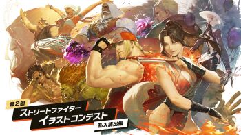 3girls 6+boys a.k.i._(street_fighter) akuma_(street_fighter) artist_request bare_shoulders blanka blonde_hair breasts brown_eyes brown_hair cleavage commentary_request dark-skinned_female dark_skin dee_jay e._honda ed_(street_fighter) elena_(street_fighter) group_picture hand_fan hat high_ponytail highres holding holding_fan japanese_clothes jp_(street_fighter) kimono large_breasts multiple_boys multiple_girls official_art ponytail red_hat red_kimono red_vest sagat shiranui_mai street_fighter street_fighter_6 terry_bogard the_king_of_fighters vest