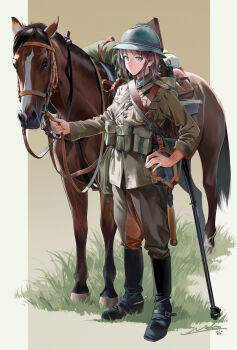 1girl artist_name brown_hair brown_pants brown_shirt cavalry combat_helmet entrenching_tool helmet highres horse military_uniform neko_(yanshoujie) original pants polish_army shirt solo world_war_ii