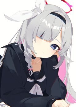 1girl absurdres black_coat black_hairband black_sailor_collar black_shirt blue_archive blue_eyes bow chinese_commentary closed_mouth coat colored_inner_hair commentary eyes_visible_through_hair grey_hair hair_bow hair_over_one_eye hairband halo hand_rest hand_up highres liu_qi_(pixiv_36690324) long_hair long_sleeves looking_at_viewer lying multicolored_hair neckerchief on_stomach open_clothes open_coat parted_bangs pink_hair plana_(blue_archive) red_halo red_pupils sailor_collar sailor_shirt shirt simple_background solo white_background white_bow white_neckerchief
