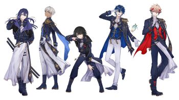 5boys :q aiguillette ankle_boots aqua_eyes arm_up black_hair black_jacket blonde_hair blue_boots blue_cape blue_eyes blue_hair blue_jacket blue_pants blue_vest boots cape center-flap_bangs creature cropped_jacket dark_skin epaulettes glasses gloves gold_trim grey_eyes grey_hair hair_between_eyes hand_on_own_hip hand_on_own_shoulder hand_up ibrahim_(nijisanji) idol_clothes index_finger_raised jacket katana leaning_forward leos_vincent long_hair long_sleeves looking_at_viewer male_focus mameneko_(leos_vincent) mashiro_meme multicolored_hair multiple_boys multiple_thigh_straps nagao_kei nail_polish nijisanji nijisanji_idol_uniform official_art open_mouth pants purple_hair purple_jacket red_cape red_eyes red_hair red_nails red_vest scabbard second-party_source seraph_dazzlegarden sheath sheathed short_hair simple_background single_epaulette sleeve_cuffs smile standing standing_on_one_leg streaked_hair suou_(sdurorhr) sword tassel thigh_strap tongue tongue_out transparent_background two-sided_cape two-sided_fabric two-sided_jacket two-tone_hair vest virtual_youtuber w weapon white_gloves white_overskirt white_pants yellow_eyes