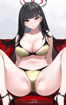 1girl bare_shoulders black_hair blue_archive blunt_bangs bra breasts cleavage closed_mouth collarbone commentary_request gold_bra gold_panties hair_ornament hairclip halo high_heels highres large_breasts long_hair looking_at_viewer mitsuba_minoru navel panties red_eyes ring_light_reflection rio_(blue_archive) signature sitting solo spread_legs thighs underwear variant_set
