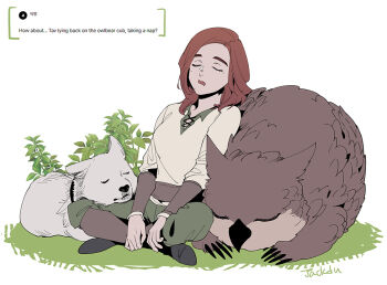 Rule 34 | 1girl, baldur's gate, baldur's gate 3, byuub, closed eyes, dog, dungeons & dragons, dungeons &amp; dragons, english text, green pants, indian style, long hair, nap, owlbear, pants, poet shirt, red hair, scratch (baldur's gate), sitting, sleeping, solo, tav (baldur's gate)