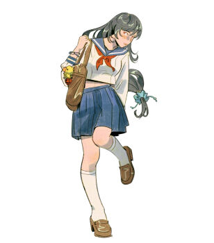 1girl ashlena_sharma bag black_hair blue_sailor_collar blue_scrunchie blue_skirt blush bomb_(final_fantasy) bracelet brown_bag brown_shoes character_charm charm_(object) chocobo closed_mouth commentary final_fantasy final_fantasy_vii final_fantasy_vii:_ever_crisis full_body hair_ornament hair_scrunchie highres jewelry long_hair long_sleeves looking_at_viewer low-tied_long_hair midriff_peek neckerchief official_alternate_costume pleated_skirt red_neckerchief sailor_collar school_bag school_uniform scrunchie serafuku shoes shoulder_bag skirt socks solo standing standing_on_one_leg symbol-only_commentary tifa_lockhart tifa_lockhart_(midgard_seventh_high_school) white_background white_serafuku white_socks