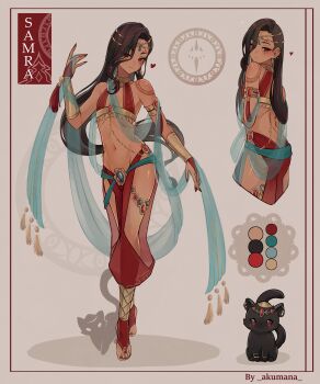 1boy absurdres akumana arabian_clothes armlet ass asymmetrical_hair bare_shoulders belly_chain belly_dancer belly_dancer_outfit blue_gemstone brown_hair butt_crack cat character_request closed_mouth coin color_guide commission crossdressing crossdressing_(mtf) dancer dark-skinned_male dark_skin earrings facial_mark forehead_jewel full_body gem gold_coin harem_outfit harem_pants head_chain heart highres jewelry light_smile long_hair looking_at_viewer looking_back multicolored_hair multiple_views nail_polish navel necklace original pants red_eyes red_gemstone red_hair red_nails red_pants seductive_smile see-through_clothes shawl shoulder_tattoo smile standing stomach streaked_hair tattoo thighs toenail_polish toenails trap very_long_hair