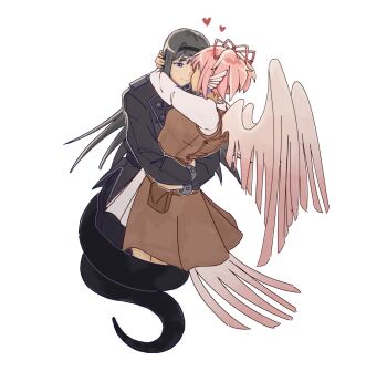 Rule 34 | 2girls, akemi homura, arms around neck, black hair, black hairband, black jacket, brown skirt, brown vest, commentary, english commentary, hairband, heart, highres, hug, jacket, kaname madoka, long hair, mahou shoujo madoka magica, mahou shoujo madoka magica (anime), monster girl, monsterification, multiple girls, pink hair, purple eyes, rawonireng, shirt, skirt, smile, snake tail, tail, twintails, vest, white shirt, wings, yuri
