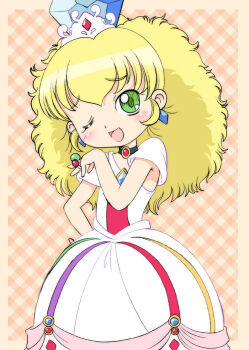 Rule 34 | 00s, 1girl, altessa, argyle background, argyle clothes, blonde hair, blue eyes, blush, crown, diamond (gemstone), dress, earrings, female focus, fushigiboshi no futago hime, gown, hatomugi (mamotan), head tilt, jewelry, laughing, ojou-sama pose, one eye closed, open mouth, orange background, princess, ring, shogakukan, solo, tiara, wink