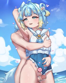 1boy 1girl after_ejaculation after_vaginal aftersex belly blue_eyes blue_hair blush blush_stickers cloud cloudy_sky commission cum cum_in_pussy erection fish_hair_ornament frills hair_ornament hand_on_another&#039;s_chest highres impregnation jahe_png multicolored_hair navel ocean open_mouth penis penny_puffball pussy re:loop! sex short_hair sky solo sperm_cell swimsuit tail vaginal virtual_youtuber water x_hair_ornament