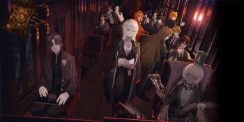 1other 6+boys 6+girls absurdres artist_request baseball_bat bird black_hair blonde_hair blue_eyes brown_hair bus_interior charon_(project_moon) closed_eyes closed_mouth collared_shirt dante_(limbus_company) don_quixote_(project_moon) dress_shirt everyone faust_(project_moon) green_eyes gregor_(project_moon) grey_hair grey_jacket grey_pants grey_vest heathcliff_(project_moon) highres hong_lu_(project_moon) ishmael_(project_moon) jacket limbus_company long_hair mephistopheles_(project_moon) meursault_(project_moon) multiple_boys multiple_girls nai_ga necktie non-web_source object_head open_mouth orange_hair outis_(project_moon) pants parted_lips project_moon red_eyes red_necktie rodion_(project_moon) ryoshu_(project_moon) shirt short_hair sinclair_(project_moon) suit_jacket sword vergilius_(project_moon) very_long_hair very_short_hair vest waistcoat weapon white_hair white_shirt yi_sang_(project_moon)