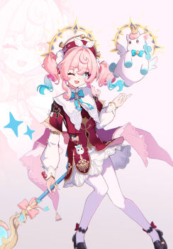 1girl black_shoes blush breasts dress gradient_hair green_eyes green_hair hair_ornament halo hat highres holding holding_staff honkai:_star_rail honkai_(series) hyacine_(honkai:_star_rail) kuroi_taimu little_ica_(honkai:_star_rail) looking_at_viewer multicolored_hair one_eye_closed open_mouth pantyhose pink_hair red_dress shoes staff unicorn white_pantyhose wings