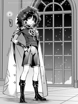 Rule 34 | 1boy, arm at side, armor, blunt ends, boots, candle, candlelight, choppy bangs, closed mouth, coat, coat on shoulders, expressionless, fatui coat, full body, fur-trimmed coat, fur-trimmed hood, fur trim, genshin impact, hand on own hip, highres, hood, hood up, indoors, japanese armor, jewelry, kote, lapels, looking at viewer, male focus, mandarin collar, mitsudomoe (shape), neck ring, night, o-ring, parted bangs, sash, scaramouche (genshin impact), shirt, short sleeves, shorts, snow20200, snowing, solo, standing, tile floor, tiles, tomoe (symbol), toned, toned male, tsurime, twitter username, watermark, window