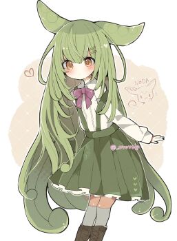 1girl alternate_hair_length alternate_hairstyle blush bow bowtie center_frills closed_mouth collared_shirt commentary dot_mouth feet_out_of_frame frills green_hair green_skirt hair_ornament hairclip heart highres long_hair long_sleeves looking_at_viewer miniskirt ojou-sama_zundamon orange_eyes pleated_skirt purple_bow purple_bowtie shirasuame_shiromaru shirt sidelocks simple_background skirt socks solo standing suspender_skirt suspenders twitter_username very_long_hair voiceroid watermark white_background white_shirt white_socks zundamon