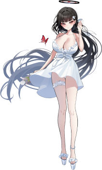 1girl alternate_costume black_hair black_halo blue_archive breasts bug butterfly commentary_request dress flower full_body halo highres insect large_breasts long_hair looking_at_viewer mango_(mango0208) panties red_butterfly red_eyes rio_(blue_archive) shoes simple_background solo standing thigh_strap thighs underwear white_background white_dress white_panties