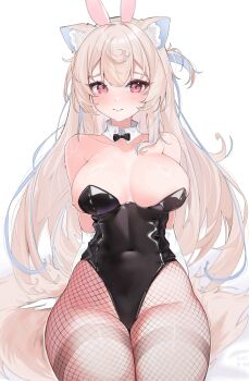 1girl animal_ear_fluff animal_ears bare_shoulders black_leotard blonde_hair blue_hair blush bow bowtie breasts cleavage closed_mouth commentary covered_navel crossed_bangs detached_collar dog_ears dog_girl dog_tail double-parted_bangs elbow_gloves fake_animal_ears fishnet_pantyhose fishnets fuwawa_abyssgard gloves hair_between_eyes highleg highleg_leotard highres hololive hololive_english large_breasts leotard long_hair looking_at_viewer messy messy_hair multicolored_hair one_side_up pantyhose pink_eyes playboy_bunny rabbit_ears ruri_(kitsuwi) simple_background sitting solo straight-on strapless strapless_leotard streaked_hair symbol-only_commentary tail very_long_hair virtual_youtuber white_background white_gloves