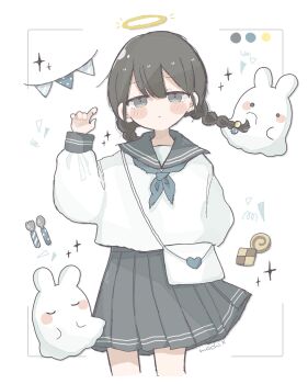 1girl braid checkerboard_cookie cookie cowboy_shot food grey_sailor_collar grey_skirt halo hand_up highres long_sleeves looking_at_viewer miniskirt mochi_(mogumogu_32) original pleated_skirt sailor_collar school_uniform serafuku shirt skirt standing traditional_halo twin_braids white_shirt
