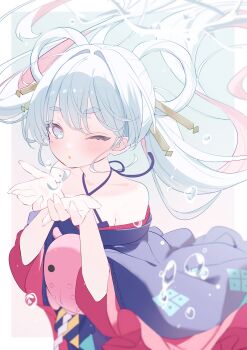 1girl bare_shoulders blowing_kiss blue_eyes blue_kimono cho_kaguya-hime! commentary escape_25dm floating_hair hair_floating_upwards hair_ornament hair_rings hair_stick highres japanese_clothes kimono long_hair long_sleeves looking_at_viewer octopus one_eye_closed runami_yachiyo smile solo symbol-only_commentary twintails white_hair