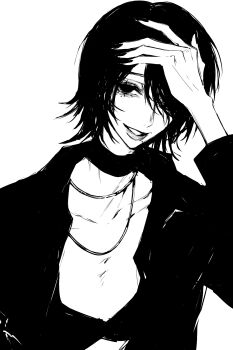 1girl bra choker collarbone fingernails greyscale hair_over_one_eye hand_on_own_head hand_up highres jacket jewelry long_sleeves looking_at_viewer mole mole_under_eye mole_under_mouth monochrome necklace open_clothes open_jacket original parted_bangs parted_lips short_hair simple_background smile solo teeniika underwear upper_body white_background