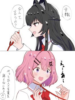 2girls amaori_renako animal_ears ashigaya_high_school_uniform black_hair black_sweater_vest bow bowtie cat_ears collar collared_shirt commentary_request hair_ornament hairclip highres koto_satsuki long_hair long_sleeves medium_hair multiple_girls pink_hair purple_eyes red_bow red_bowtie red_eyes school_uniform shirt simple_background sweater_vest translation_request user_whcs7452 watashi_ga_koibito_ni_nareru_wake_naijan_murimuri! white_background white_shirt x_hair_ornament yuri