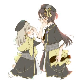 2girls beret black_hair black_hat black_jacket black_necktie black_skirt blush ceras_yanagida_lilienfeld commentary_request cropped_legs edel_note eye_contact grey_hair hair_ornament hair_ribbon hat jacket jellyfish_cut kase_(ks_lys) katsuragi_izumi link!_like!_love_live! long_hair looking_at_another love_live! multiple_girls necktie official_alternate_costume open_clothes open_jacket ribbon shirt simple_background skirt tearing_up tears theater_ikizama three-quarter_sleeves triangle_hair_ornament virtual_youtuber white_background white_shirt wiping_tears yellow_ribbon