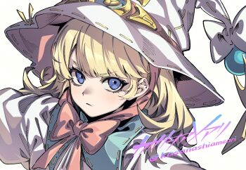 1girl blonde_hair blue_eyes bow bowtie closed_mouth commentary_request diabellze_the_original_sinkeeper duel_monster elzette_of_the_white_forest eyelashes hair_bow hat highres kasanashiameari looking_at_viewer ribbon-trimmed_headwear ribbon_trim simple_background solo twitter_username upper_body white_background white_hat witch_hat yu-gi-oh!