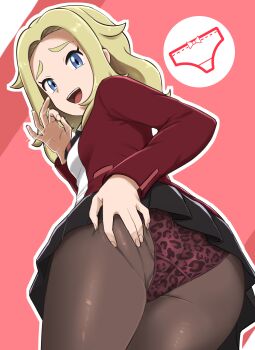 1girl absurdres animal_print ass black_pantyhose blonde_hair blue_eyes blush come_hither fellatio_gesture highres i_b_(yaun2242) jacket lass_(pokemon) lass_(pokemon_swsh) leopard_print long_hair long_sleeves looking_at_viewer miniskirt necktie nintendo open_mouth oral_invitation panties panties_over_pantyhose pantyhose pleated_skirt pokemon pokemon_swsh school_uniform shirt short_necktie skirt smile solo underwear white_shirt