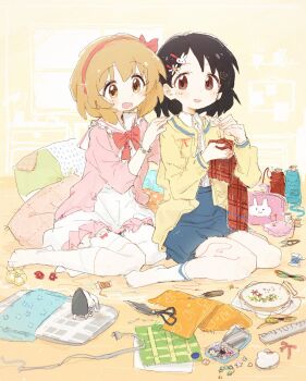 2girls black_hair blonde_hair blue_skirt bow bowtie brown_cardigan brown_hair buttons cardigan character_request copyright_request full_body hairband highres holding holding_unworn_clothes holding_unworn_scarf knitting_needle looking_at_another looking_at_viewer multiple_girls needle nendo23 no_shoes pillow pink_shirt red_bow red_bowtie red_hairband scarf scissors shirt short_hair sitting skirt socks unworn_scarf white_skirt white_socks